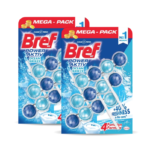 Two boxes of Bref Power Aktiv Ocean Breeze dishwasher tablets in a Mega Pack, showing blue tablets and 40% freshness claim.