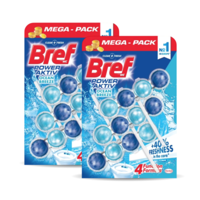 Two boxes of Bref Power Aktiv Ocean Breeze dishwasher tablets in a Mega Pack, showing blue tablets and 40% freshness claim.