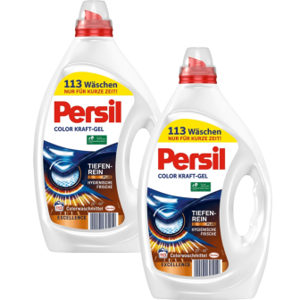 Two Persil laundry detergent bottles with red caps, labeled Color Kraft-Gel and Tiefen-Rein, showing they're for deep-cleaning laundry.