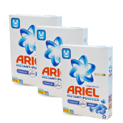Three Ariel Instant Powder laundry detergent boxes arranged in a row for washing clothes.