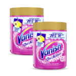 Two pink Vanish Oxi Action laundry stain remover containers with yellow caps, shown side by side for serving size comparison.