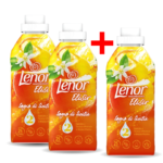 Three Lenor Elisir fabric softener bottles with orange fragrance, arranged with a red plus sign to imply adding another bottle (three-pack promotion).