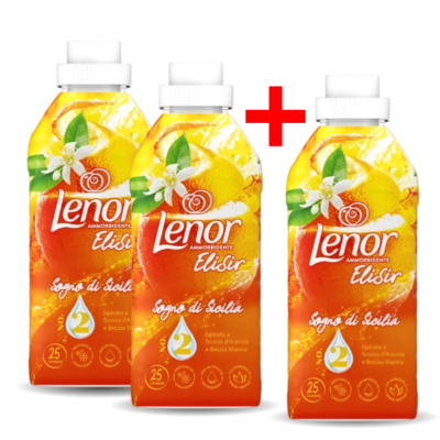 Three Lenor Elisir fabric softener bottles with orange fragrance, arranged with a red plus sign to imply adding another bottle (three-pack promotion).