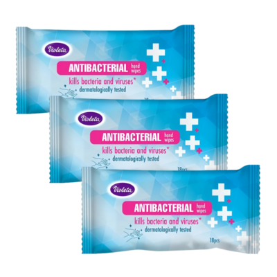 Three blue Violeta antibacterial hand wipe sachets stacked together, labeled 'Antibacterial hand wipes' that kill bacteria and viruses and are dermatologically tested (18 pieces per pack). l