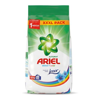 Pack of Ariel laundry detergent, 10 kg, XXXL Pack with green top and colorful rainbow design, powder form front label visible