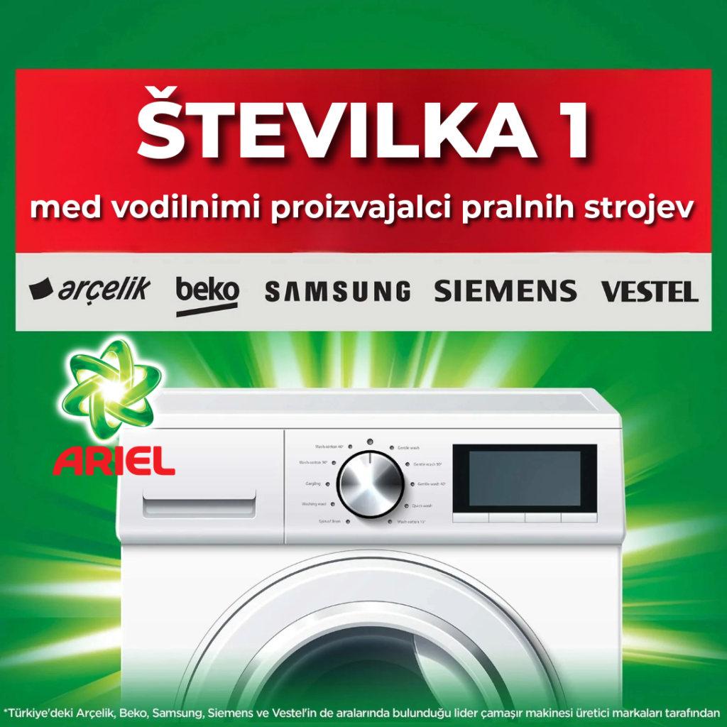 Advertisement poster featuring a white washing machine on a green background with a red banner reading '&Scaron;TEVILKA 1' and brand logos (Ar&ccedil;elik, Beko, Samsung, Siemens, Vestel).