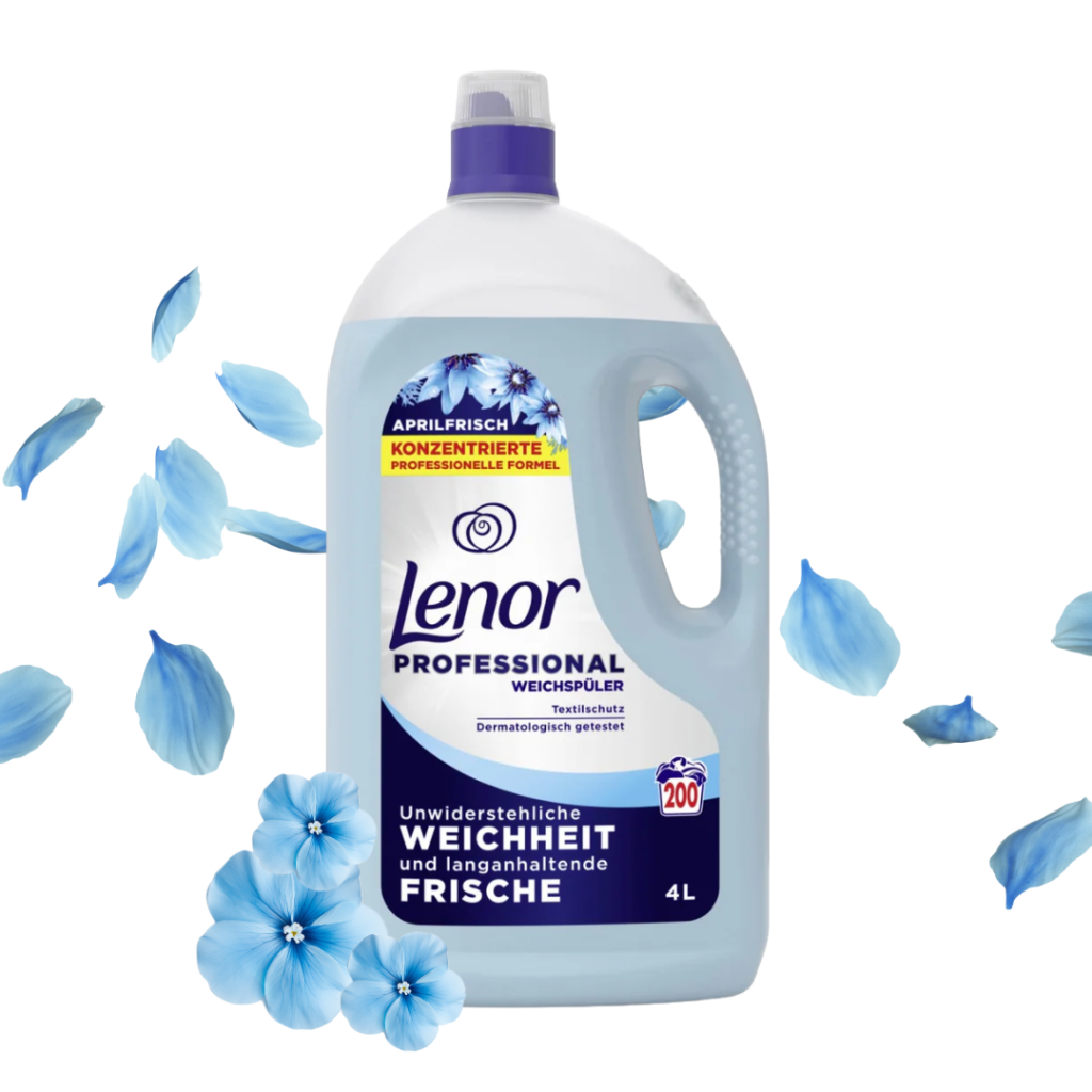 Lenor Professional fabric softener bottle (4L) with blue floral label, surrounded by blue petals and flowers.