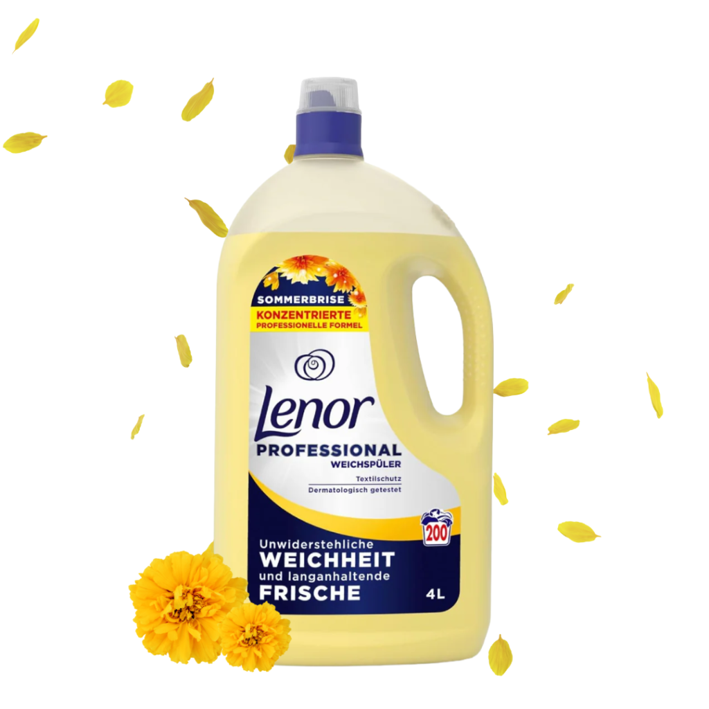 Lenor Professional fabric softener bottle (4L) with yellow liquid, blue cap, surrounded by yellow petals.