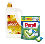 Lenor Gold Orchid liquid detergent bottle next to a Persil Power Caps package (laundry products).