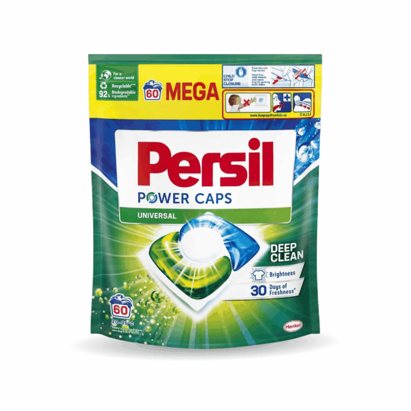 Persil Power Caps universal laundry detergent pouch with Deep Clean branding and 30 days of freshness.