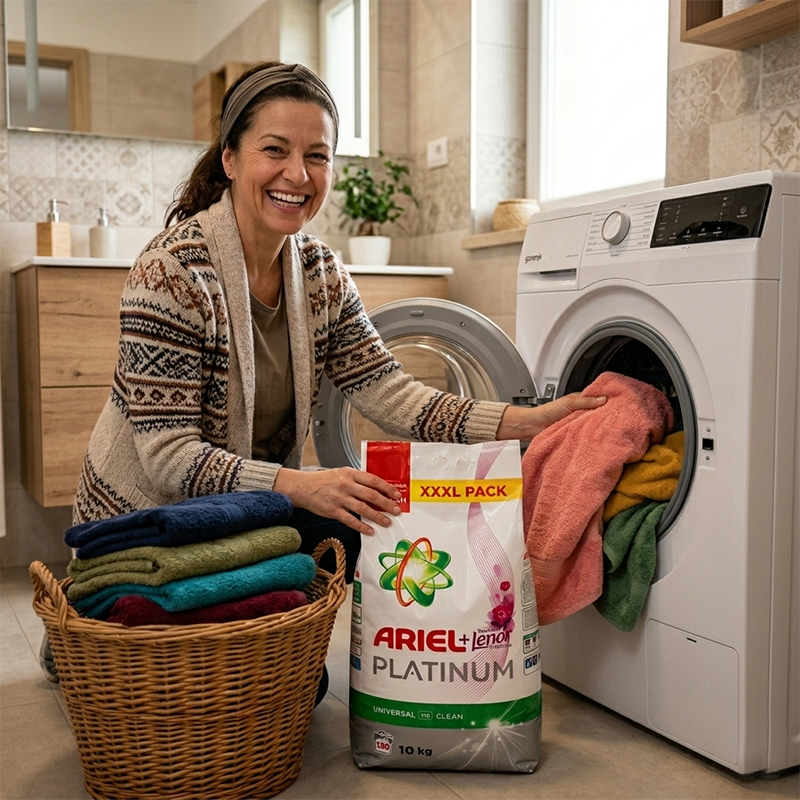Smiling woman loading a front-loading washing machine with a pink towel; a basket of folded towels and a bag of Ariel Platinum detergent nearby in a modern laundry room.
